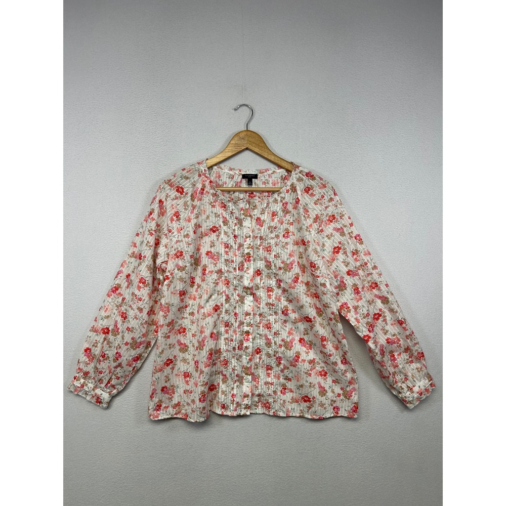Cottagecore Talbots Womens LP White Red Floral Pintuck Button Down Blouse